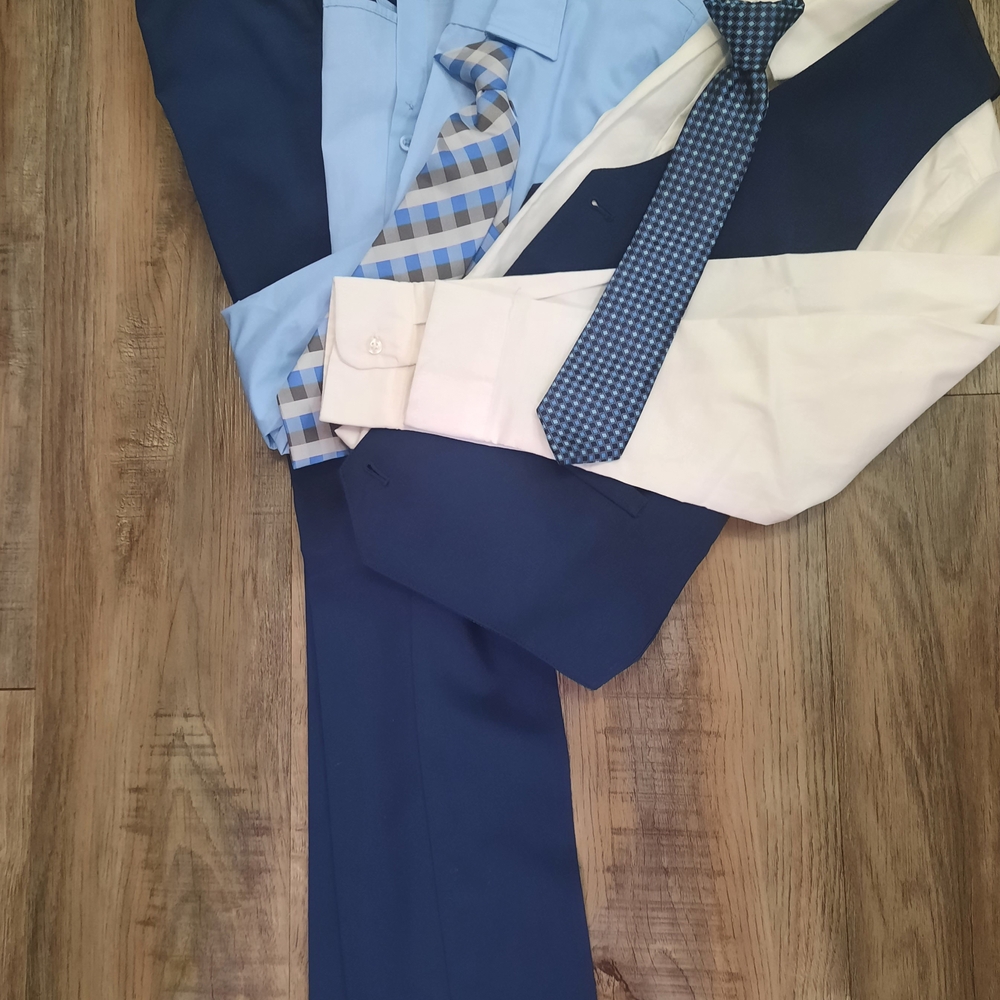 Wonder Nation Blue Dress Pants & Vest Matching Set With Blue & White Dress Shirt